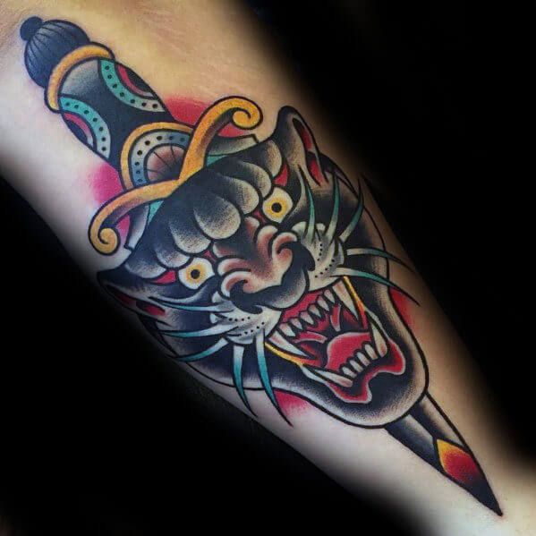 28 Of The Best Panther Head Tattoos Ever Petpress Panther Tattoo Traditional Panther Tattoo