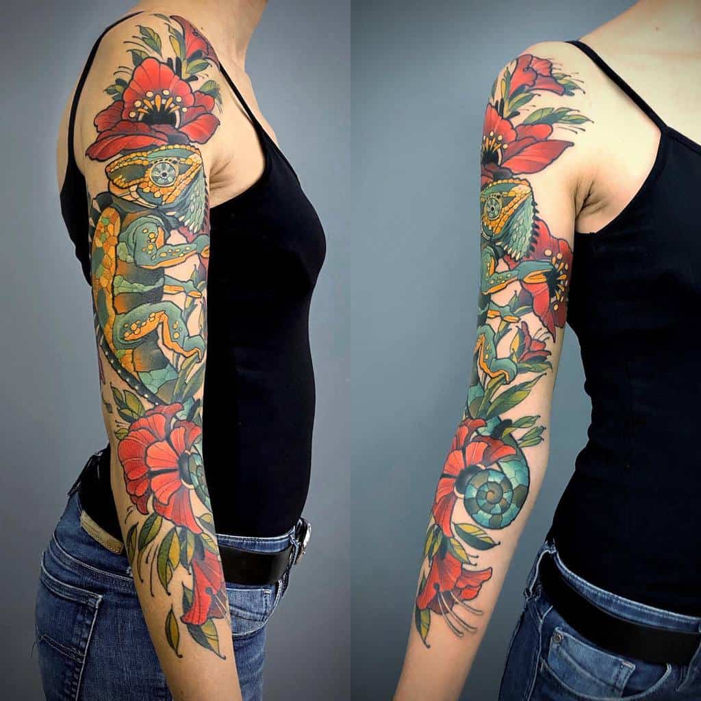 3 4 Sleeve Color Floral Japanese Influence On Woman Mit Bildern Blumen Tattoo Rmel