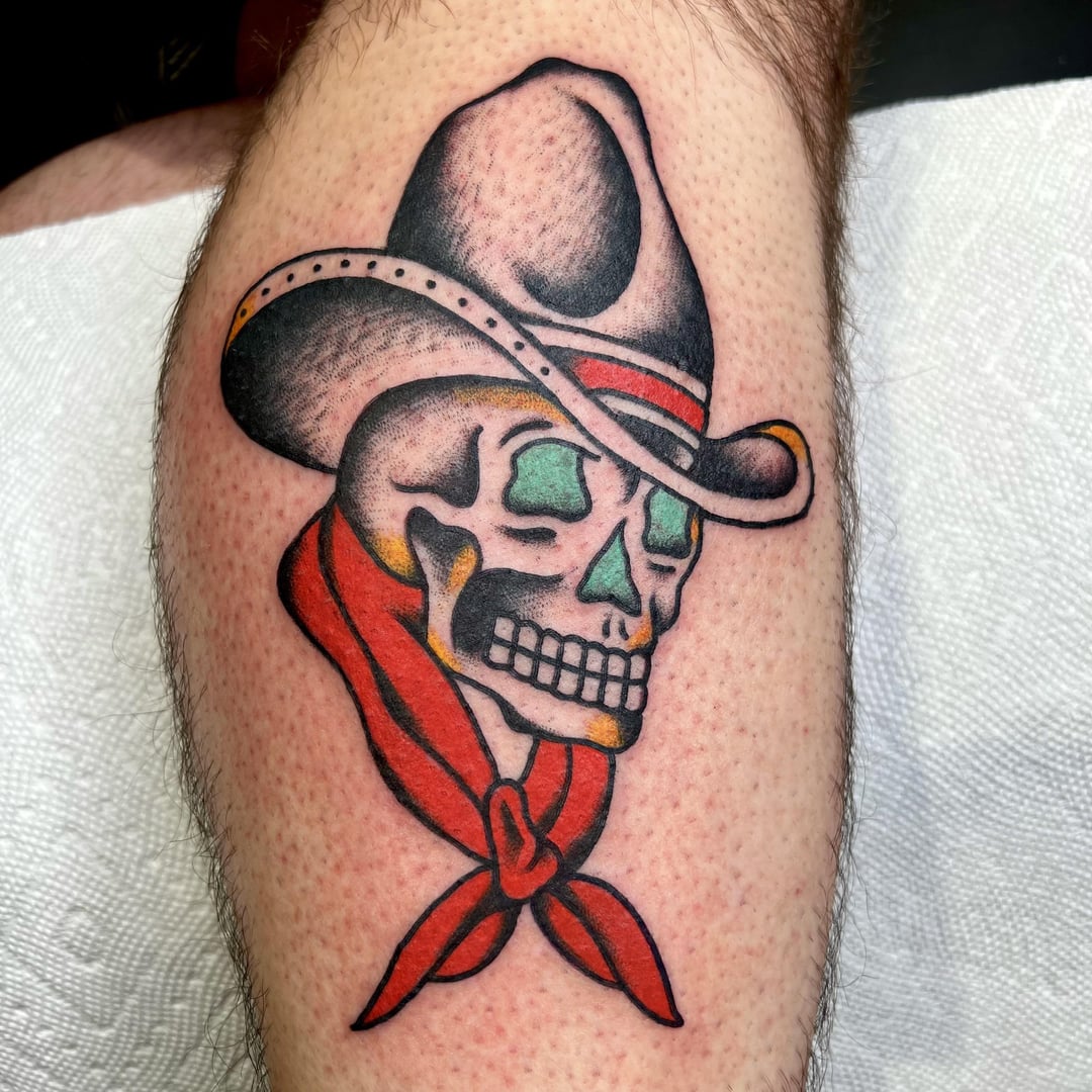 A Freshly Wiped Tattoo Of A Cowboy Skull Seanmicheltattoo R Traditionaltattoos