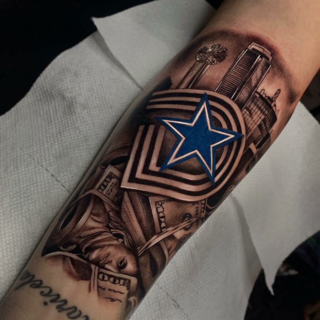 A Man With A Tattoo On His Arm That Says Cowboys In The Shape Of A Star