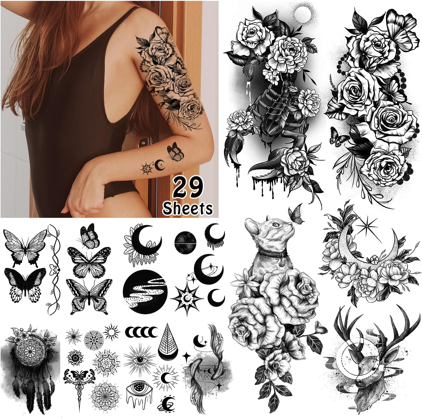 Acevegue 85 Styles Temporary Tattoos For Women Half Arm Flowers Fake