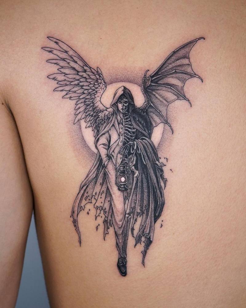 Angel And Devil By Yoocysco Reaper Demon Tattoo Angel Demon Tattoo