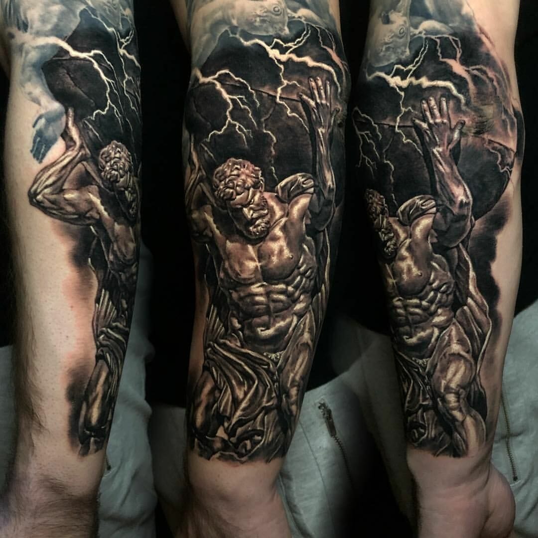 Atlas And Zeus Tattoo Sleeve In Black And Grey Style