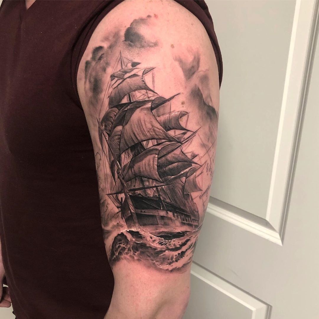 Black And Gray Sailing Ship Tattoo Ship Tattoo Sleeves Ship Tattoo Sleeve Tattoos