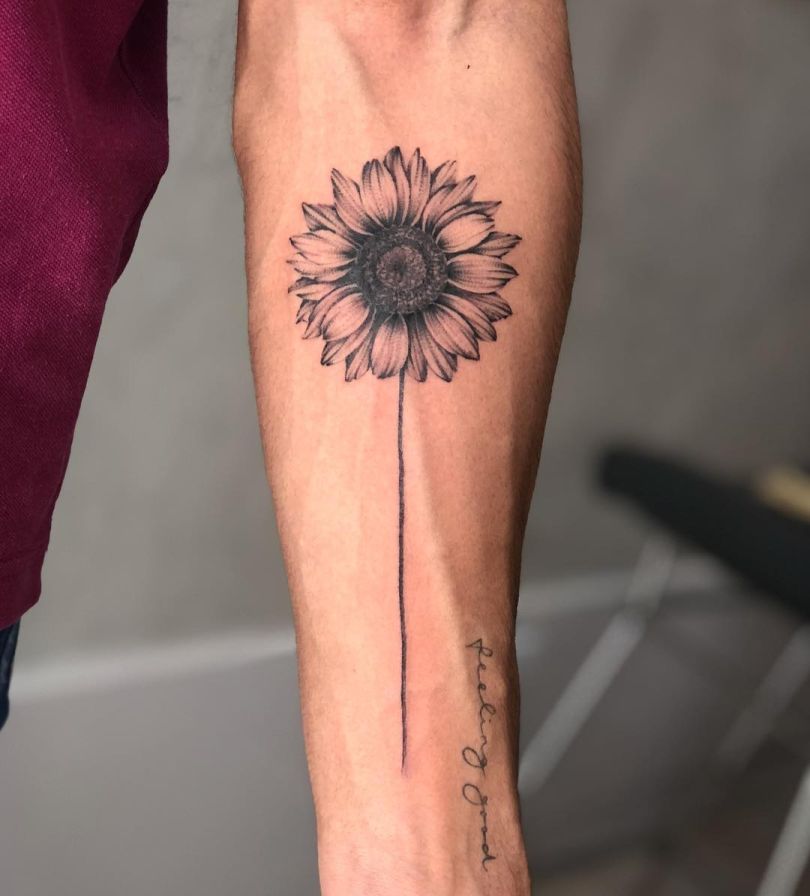 Black And Gray Sunflower Tattoo Upper Forearm By Josh Customs K