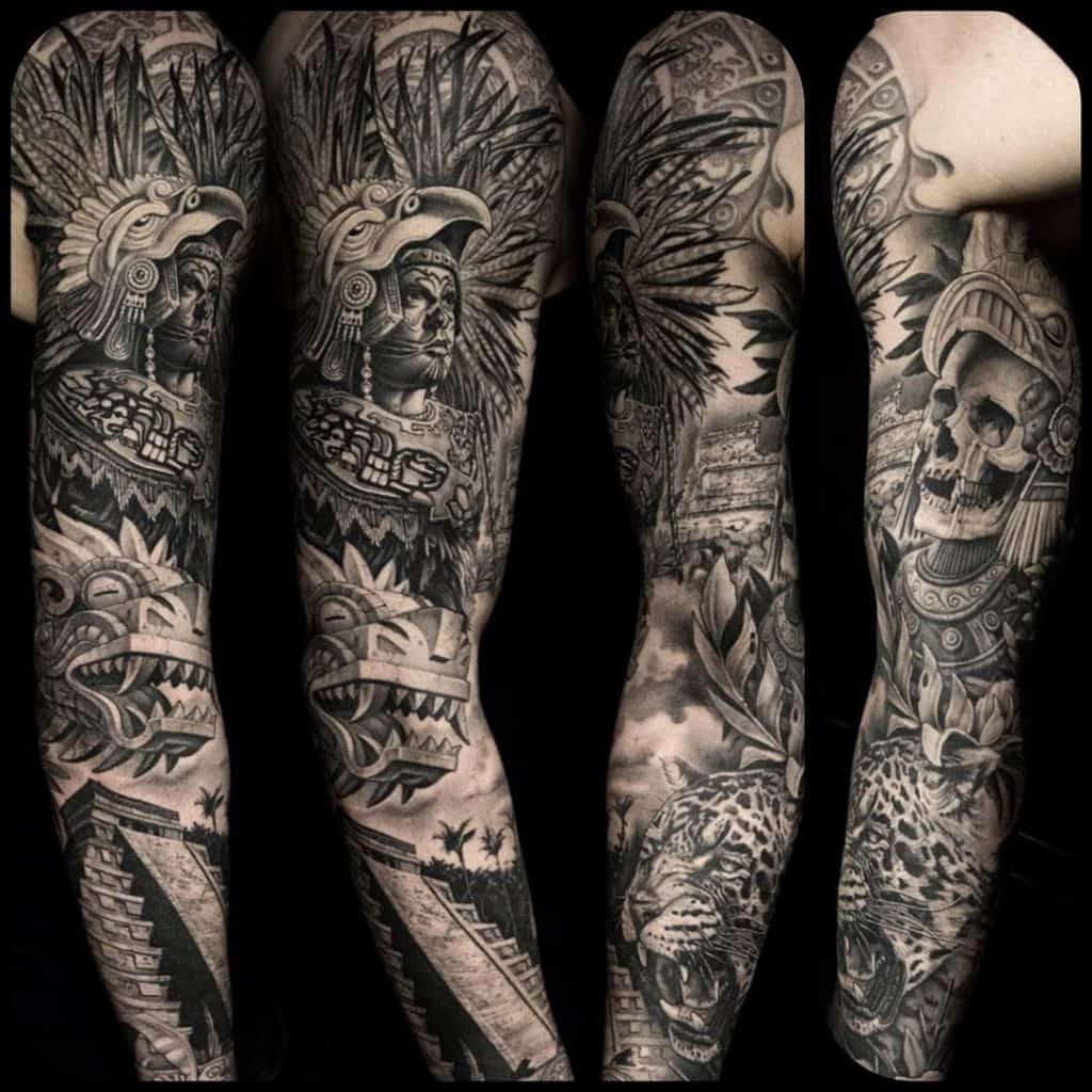 Black Ink Quetzalcoatl Tattoo On Full Sleeve By Spencer Caligiuri Aztec