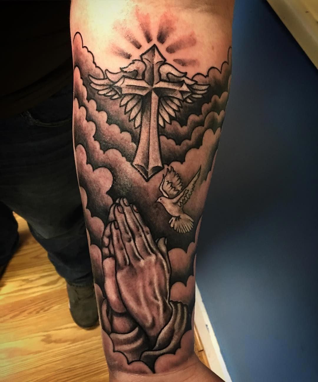 Cross With Praying Hands Tattoo With Clouds