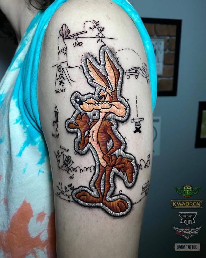 Embroidery Style Wile E Coyote Patch Tattoo Done On