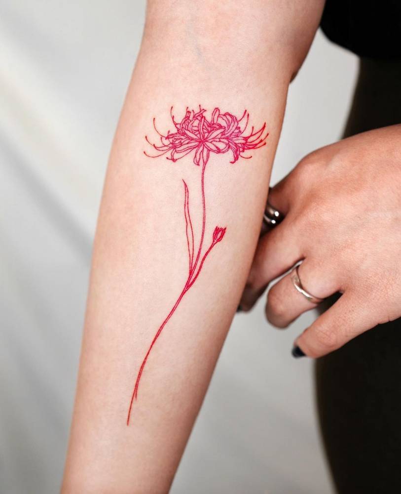 Fine Line Red Spider Lily Tattoo On The Inner Forearm