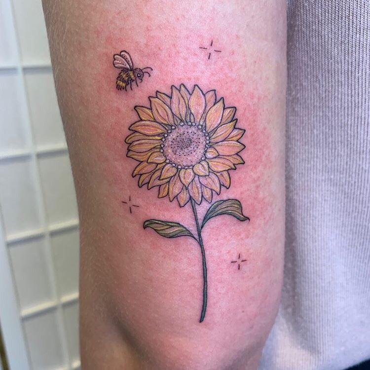 Freshly Done Sunflower And Bee My First Tattoo Done By Peta