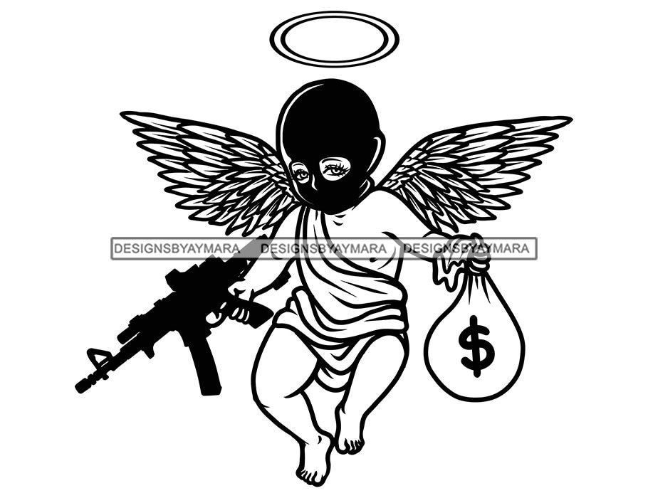 Gangster Baby Angle Statue Riffle Money Bag Ski Mask Burglar Tattoo Hip