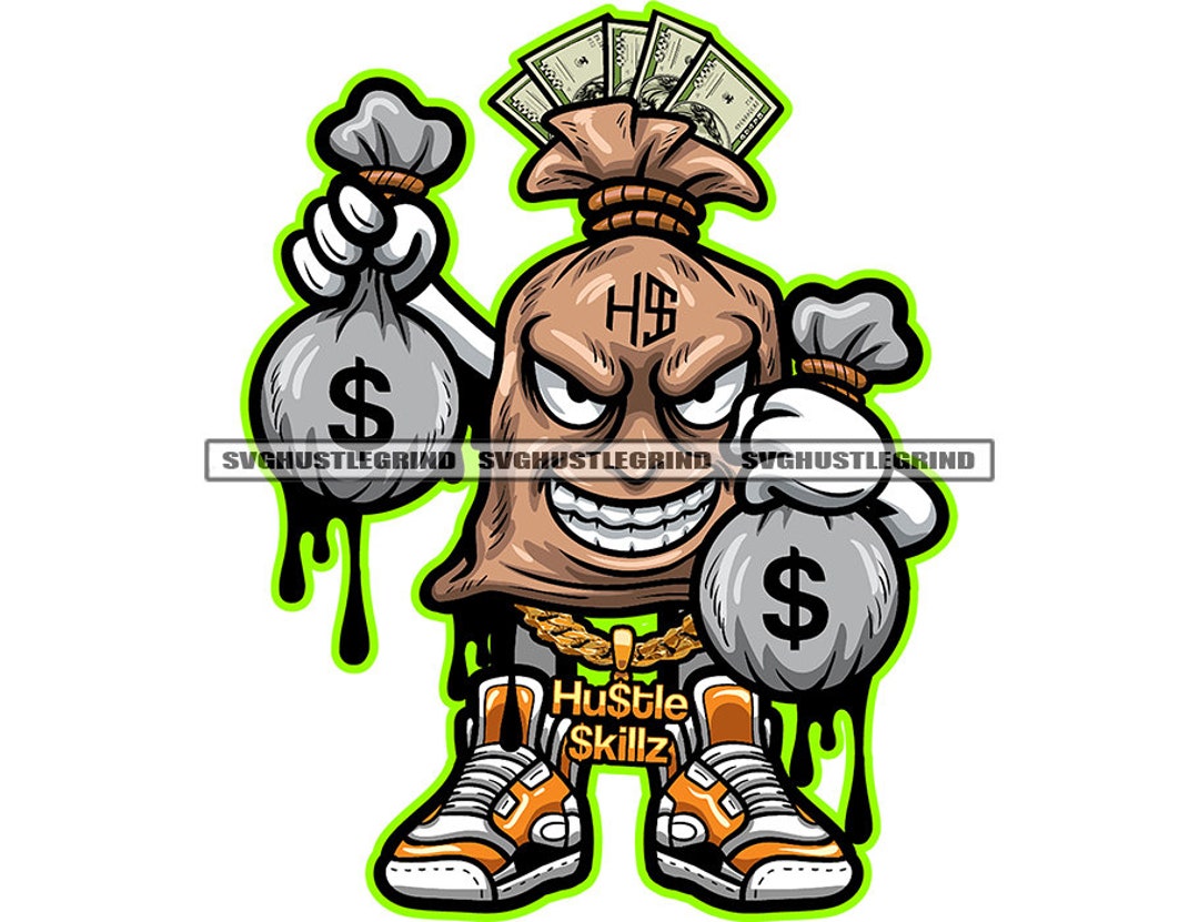 Gangster Money Bag Cartoon Character Boss Scar Face Cigar Smoking Ange