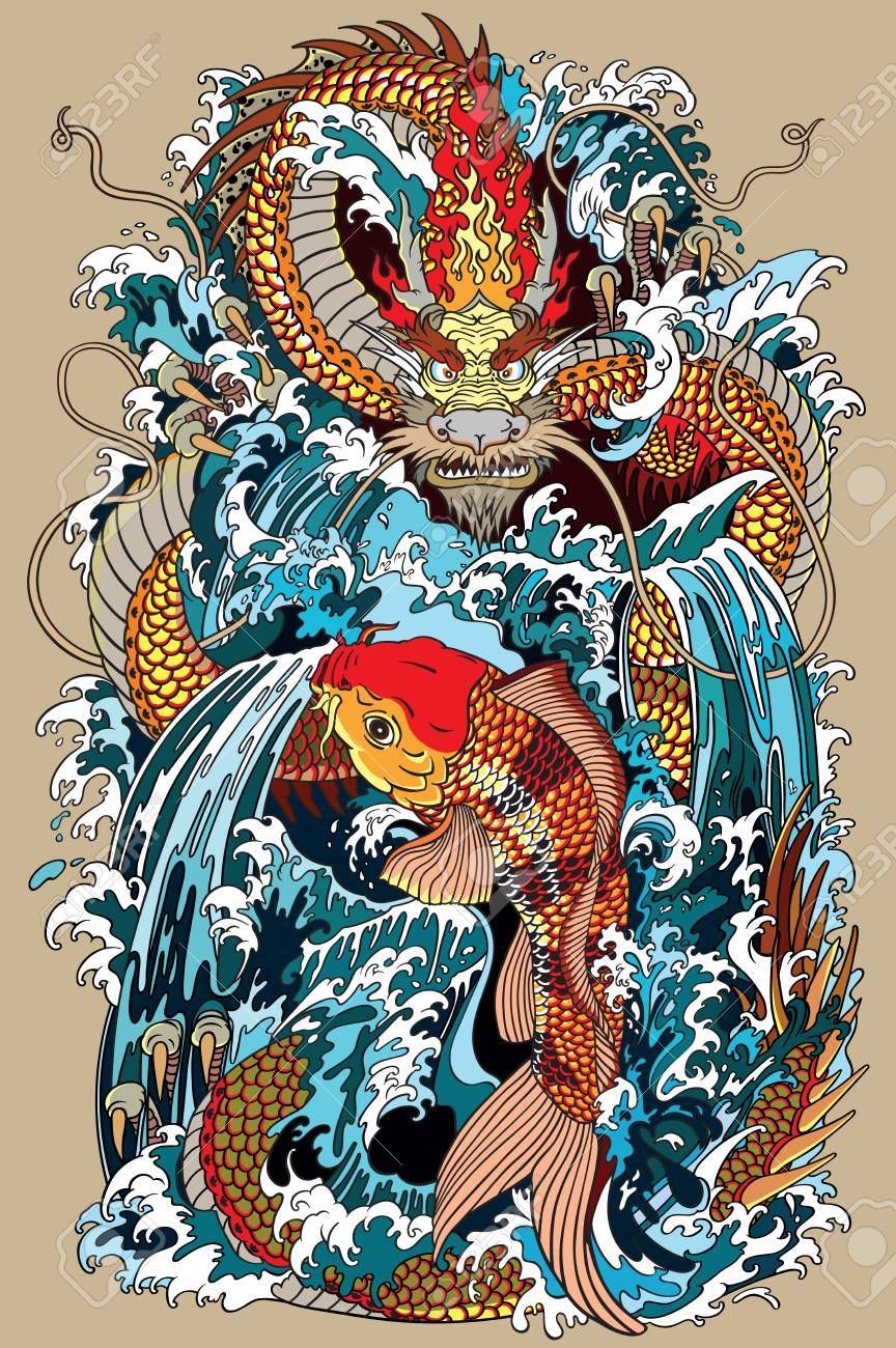 Golden Dragon And Koi Carp Fish Which Is Trying To Reach The Top Of The Waterfall Tattoo Style