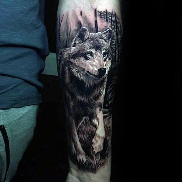 Incredible Realistic Walking Wolf Mens Inner Forearm 3D Tattoos Wolf