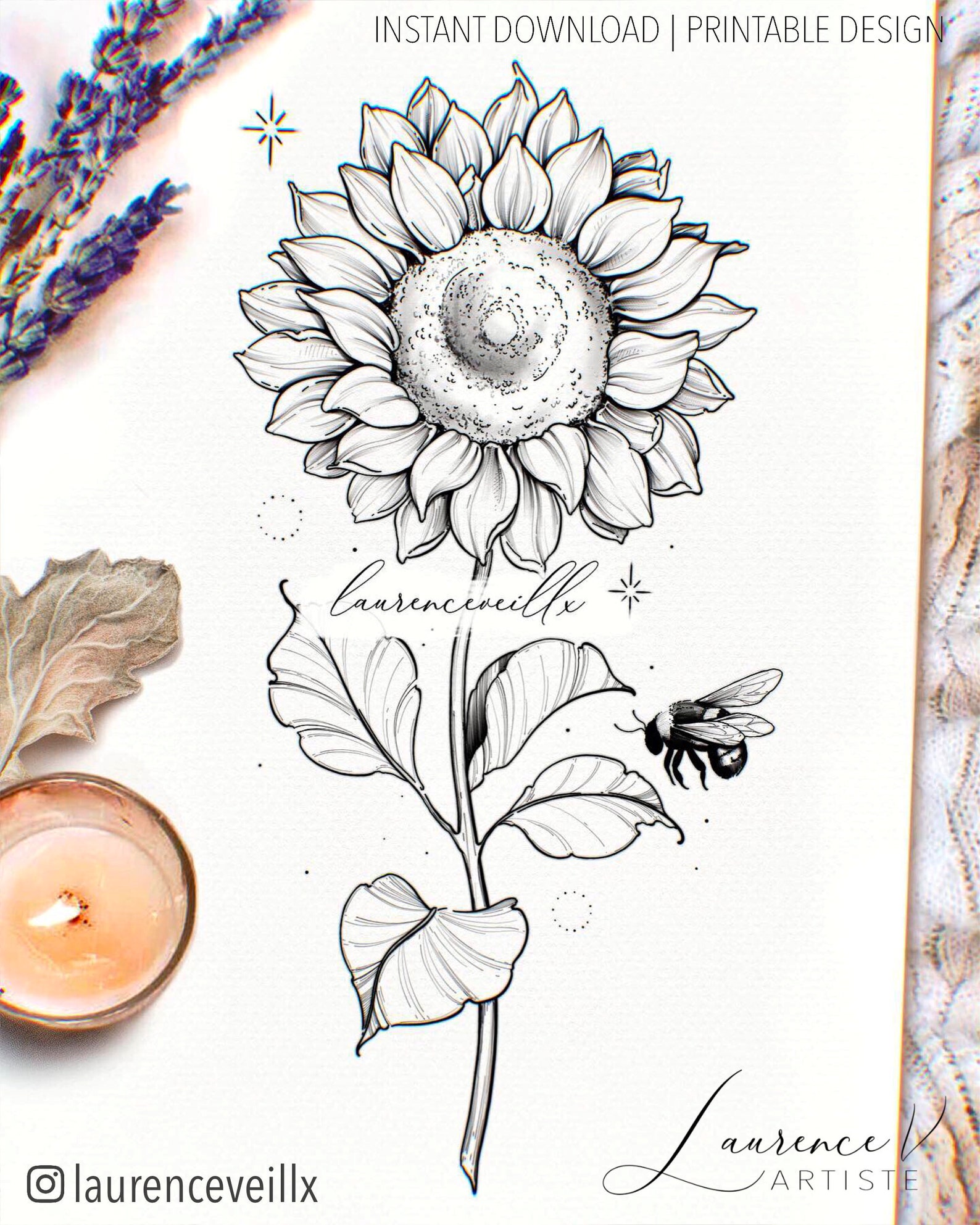 Instant Download Tattoo Design Sunflower And Bee Tattoo Etsy Canada