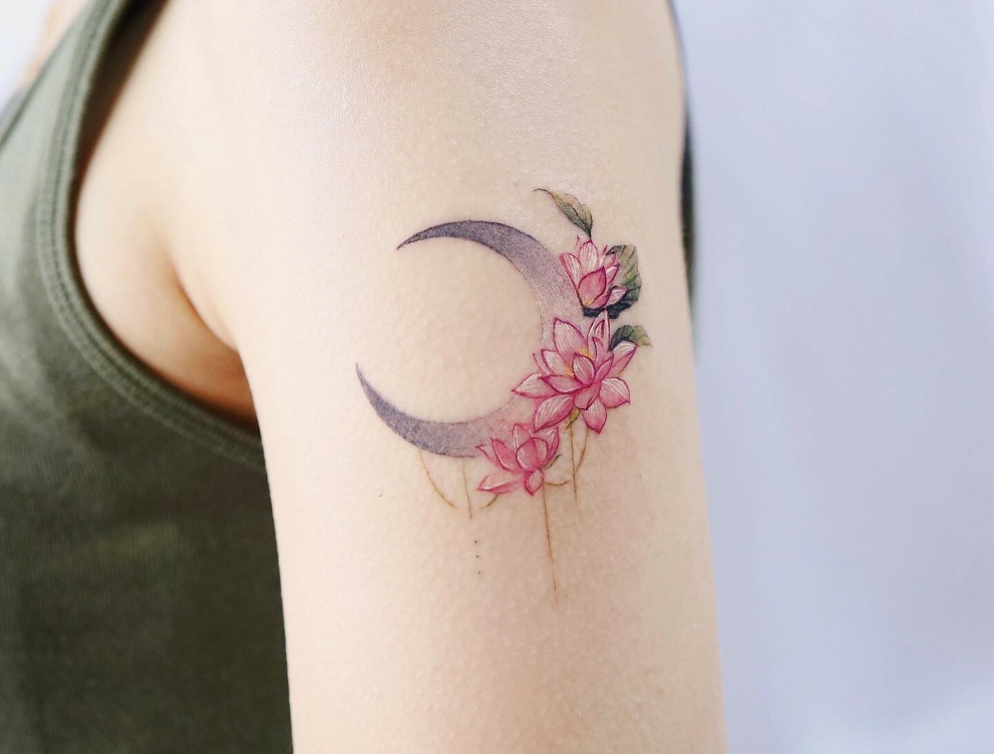 Lotus Flower Semi Permanent Tattoo Floral Moon Temporary Tattoo Half Sleeve Tattoo Print Tattoo