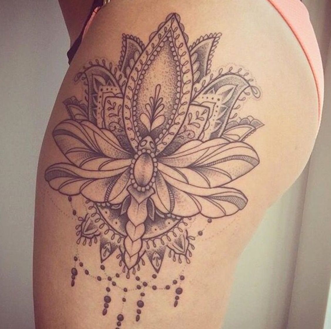 Mandala Style Lotus Flower Tattoo On The Outer Thigh Tattoos Lotus Tattoo Design Thigh Tattoo