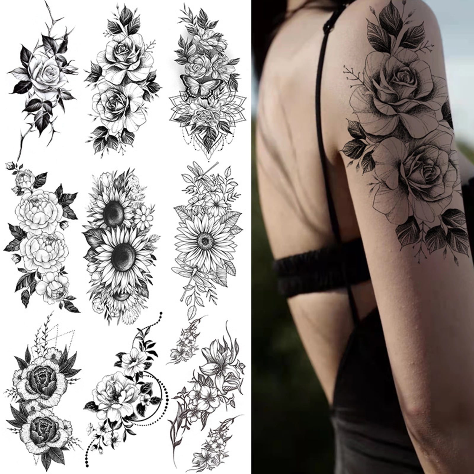 Mjartoria Temporary Tattoos For Women Fake Flower Tattoos Stickers For