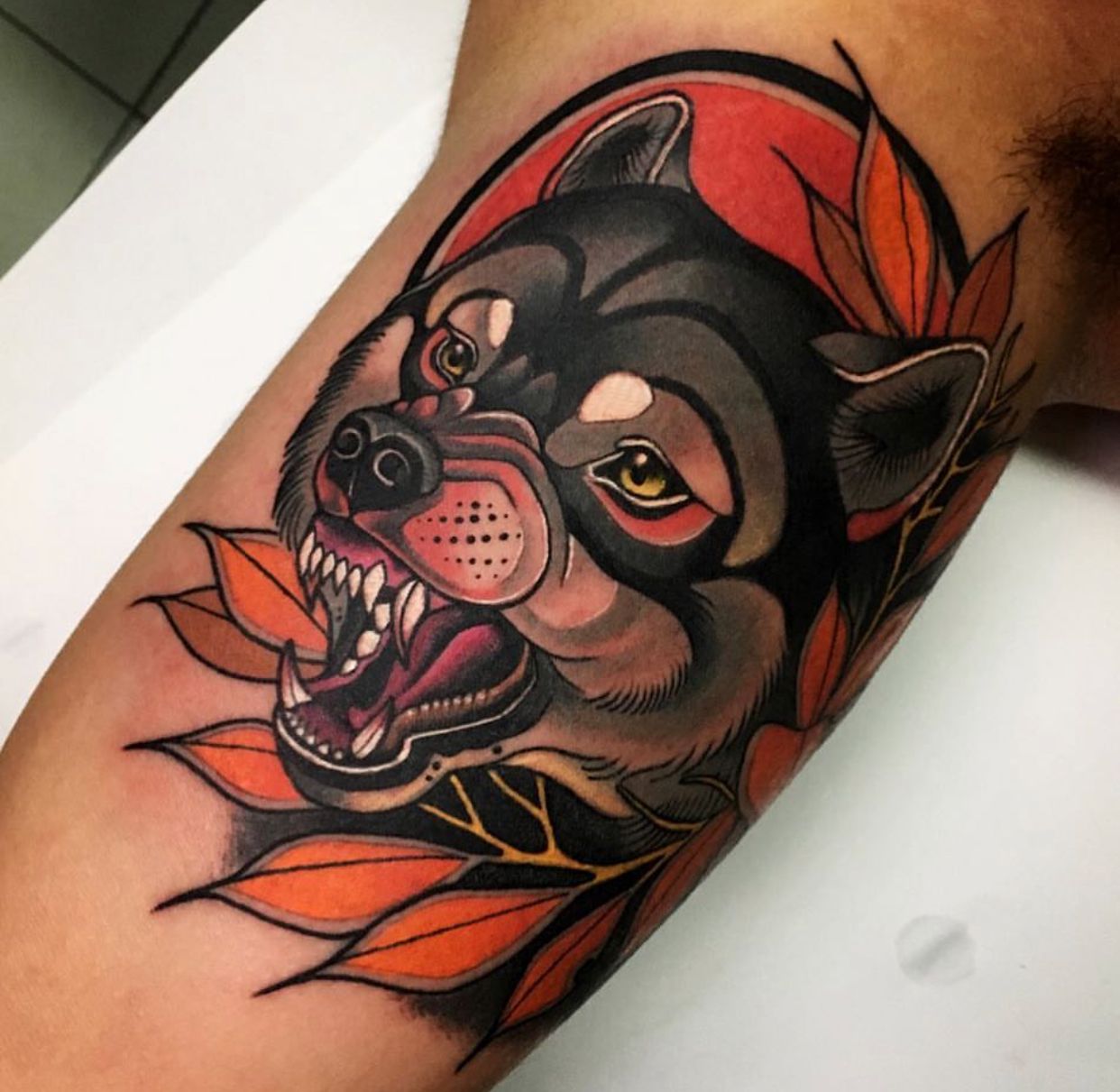 Neo Traditional Wolf Head Tattoo