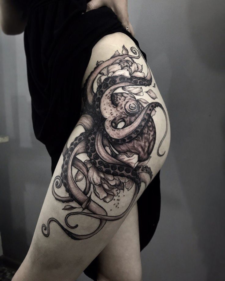 Octopus Tattoo On Thigh Dark Side By Kristina Belkina Hip Tattoo