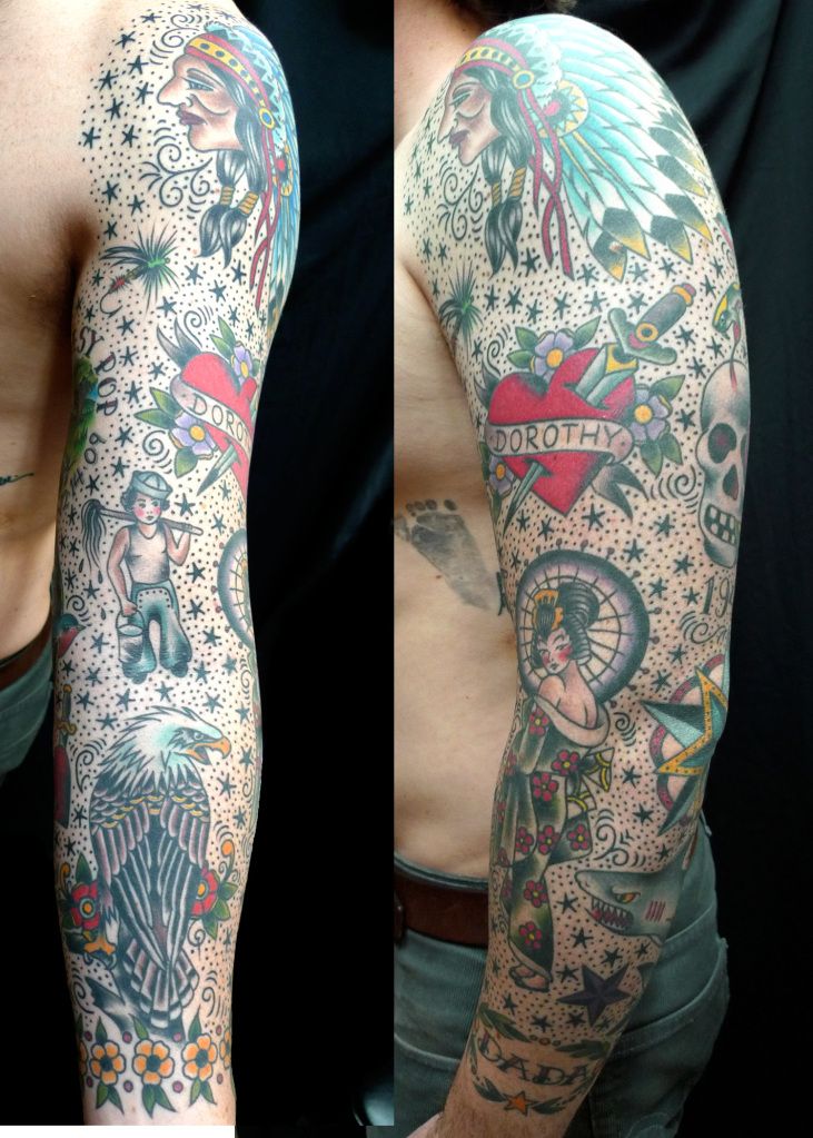 Old School Full Sleeve With Dots Stars Background