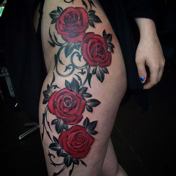 Red Roses Blood And Greenery On Leg Rose Tattoos For Women Rose