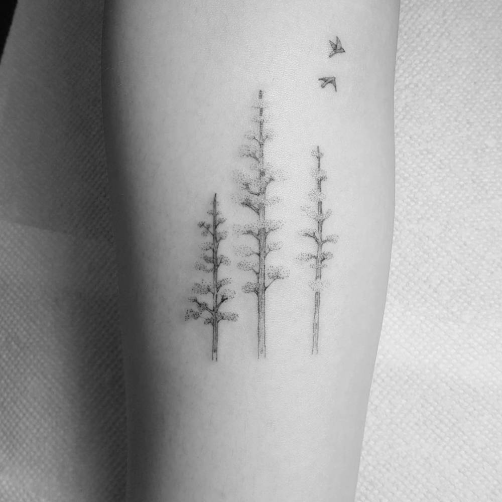 Redwood Trees Tattooed On The Inner Forearm