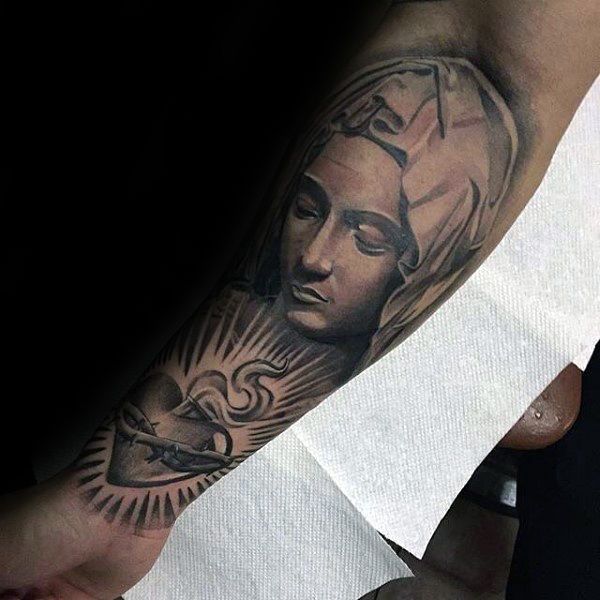 Sacred Heart Virgin Mary Mens Inner Forearm Tattoos Angle Tattoo Inner Forearm Tattoo Forearm