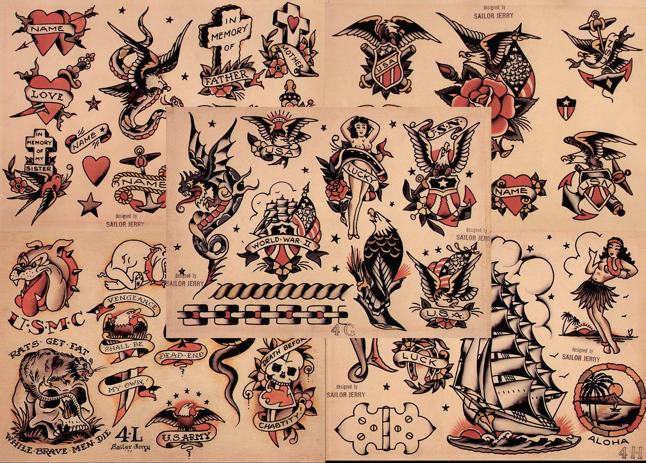 Sailor Jerry Traditional Vintage Style Tattoo Flash 5 Sheets 11X14 Old