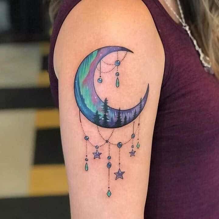 Shining Bright Cool Moon And Stars Tattoo Ideas