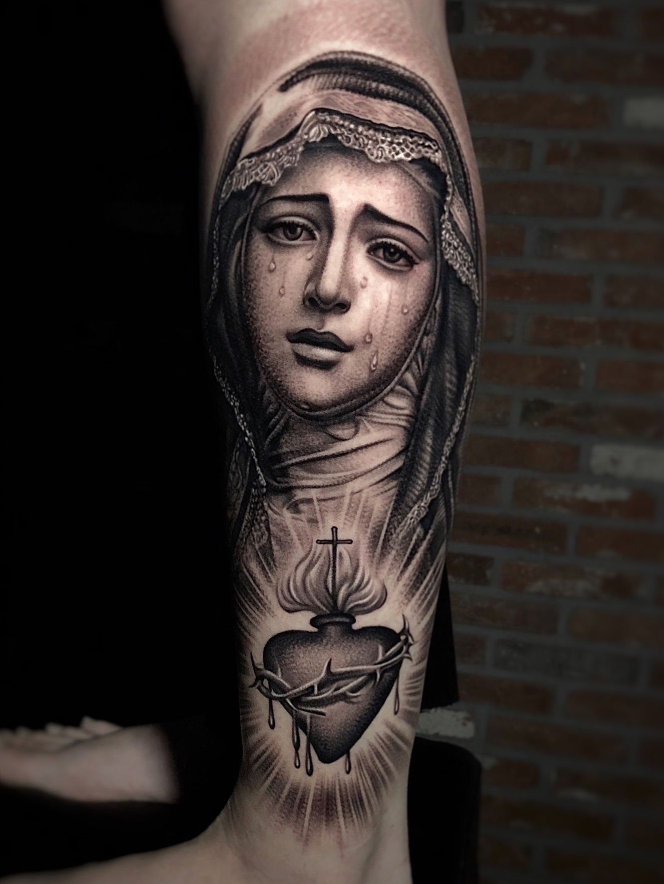 Tattoo Uploaded By Kiljun Virgin Mary In Tears On The Leg 976748 Tattoodo Mother Mary