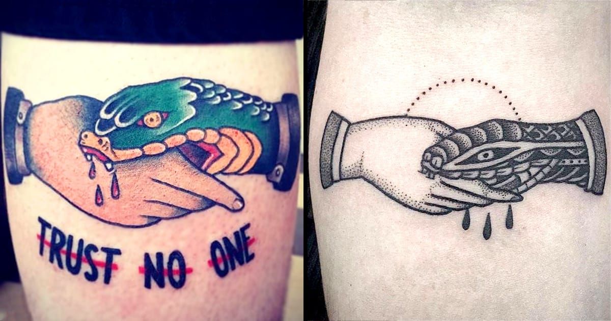 The Hand That Bites Snake Handshake Tattoos Tattoodo