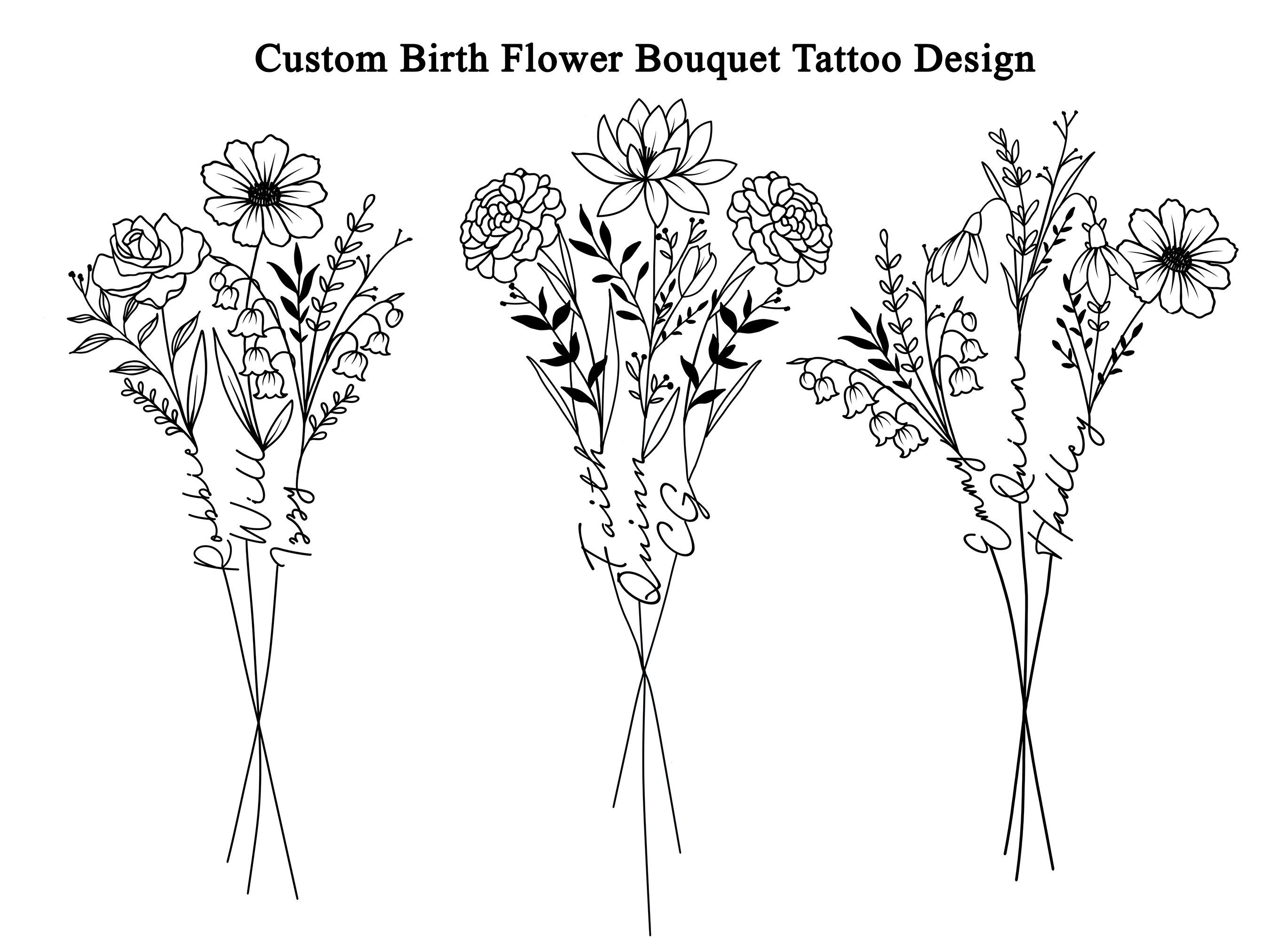 Three Flower Tattoo Designs With The Words Custom Birth Flower Tattoo