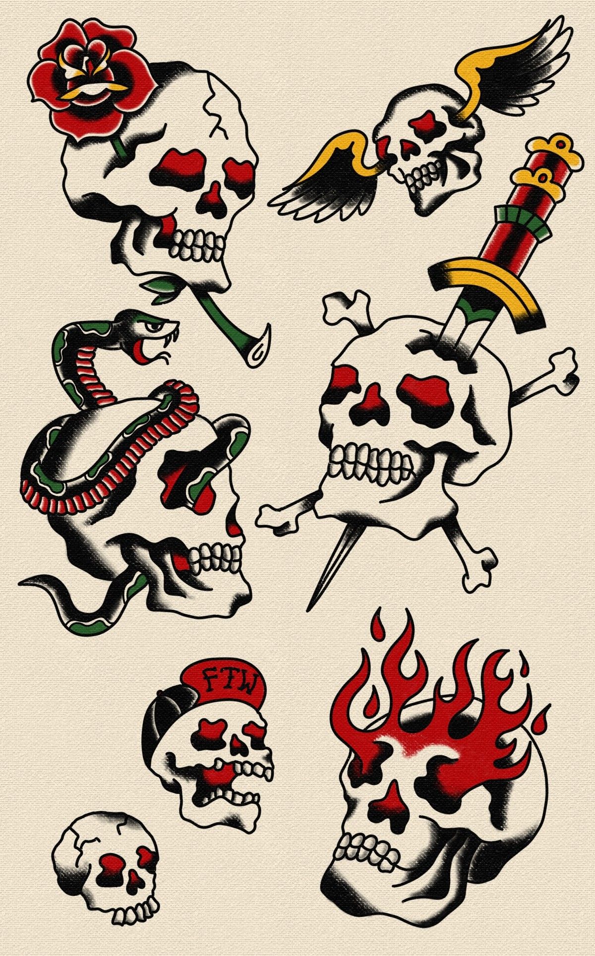 Traditional Tattoo Flash Sheet Spitshading Oldschool Skull