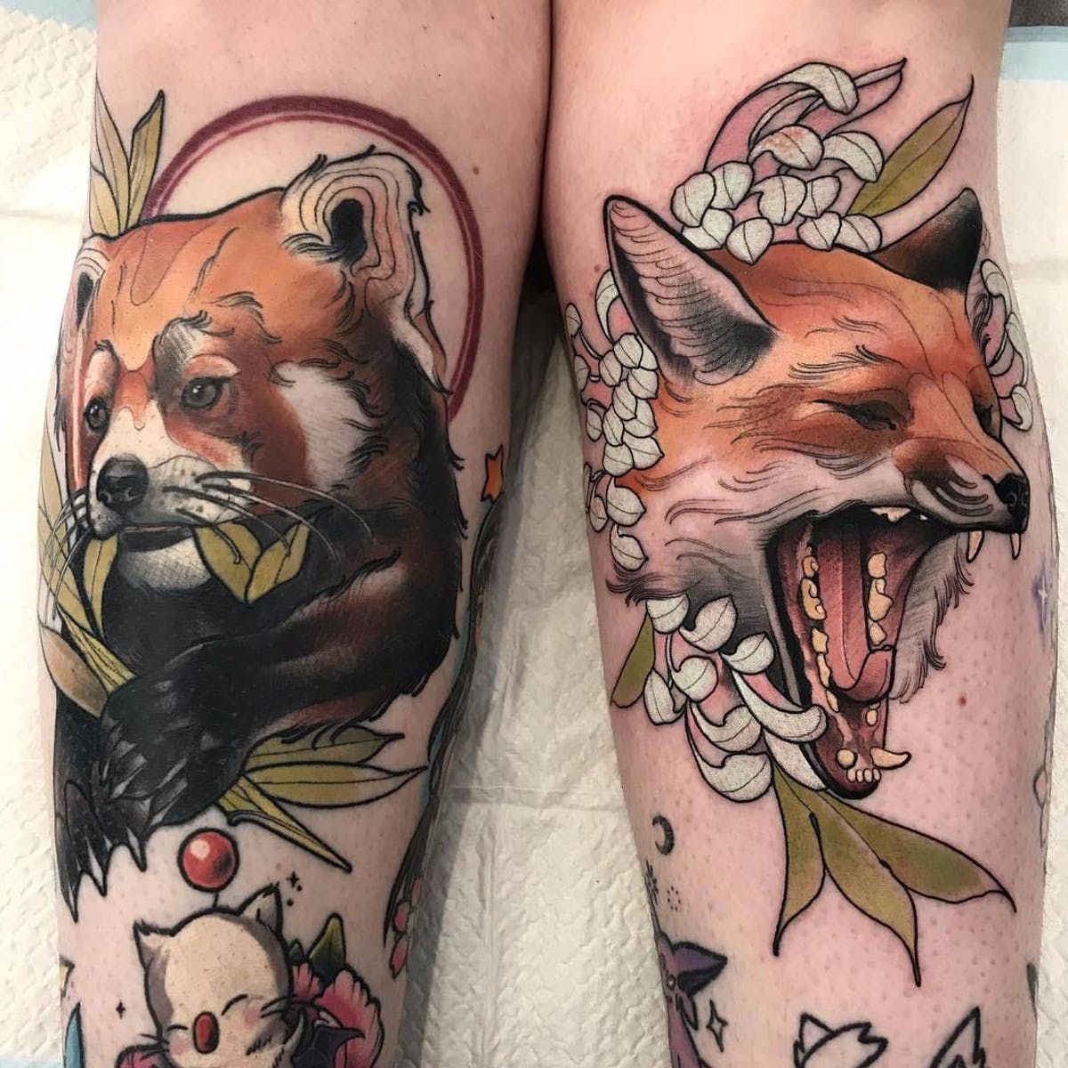 Two Tattoos On Both Legs With Cats And Flowers