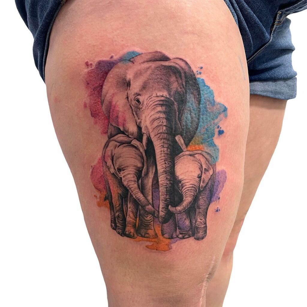 Watercolor Elephant Trunk Up Tattoo On Right Thigh Elephant Tattoos