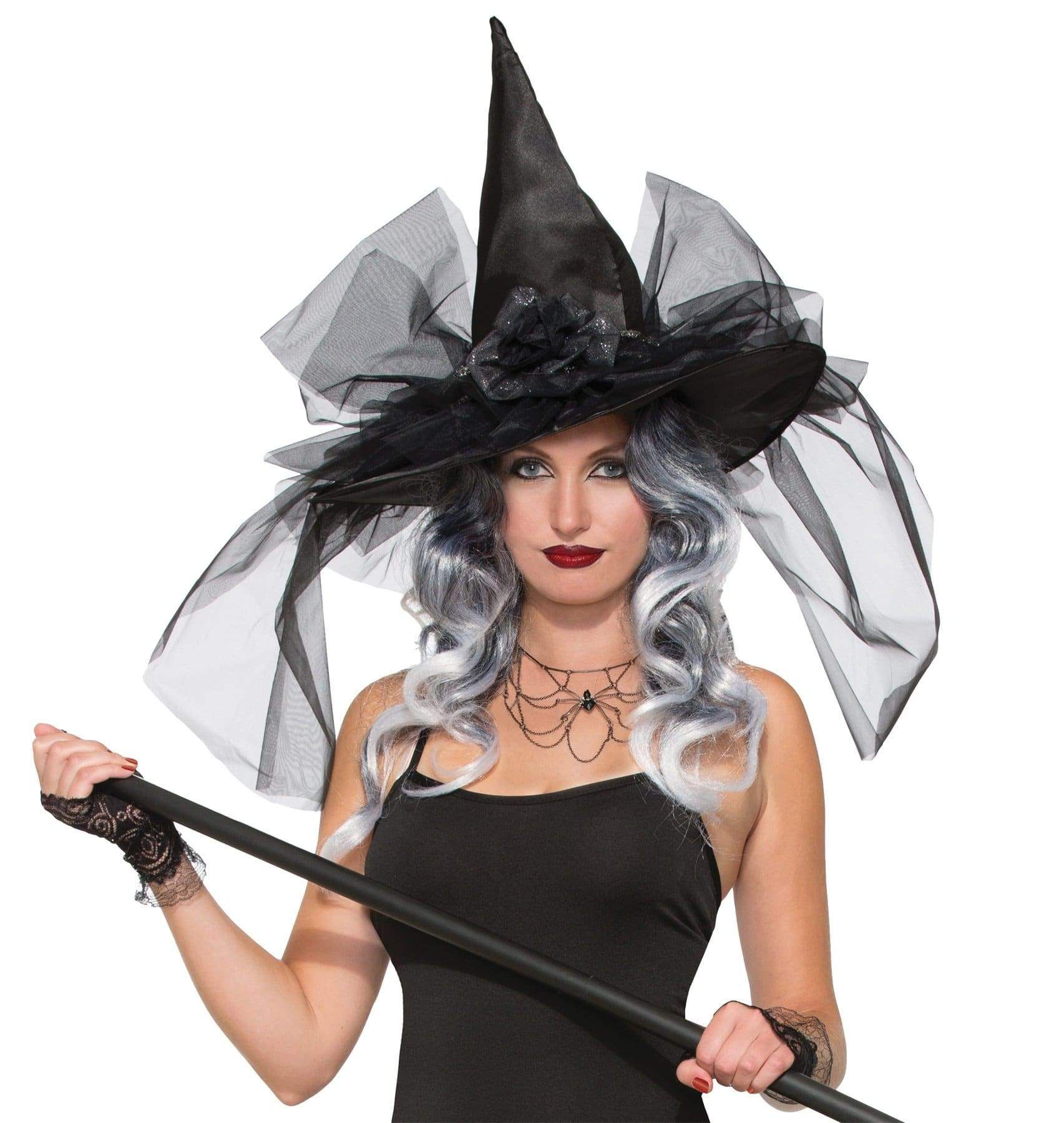 Women S Classic Black Witch Hat Veil Netting Adult Halloween Costume